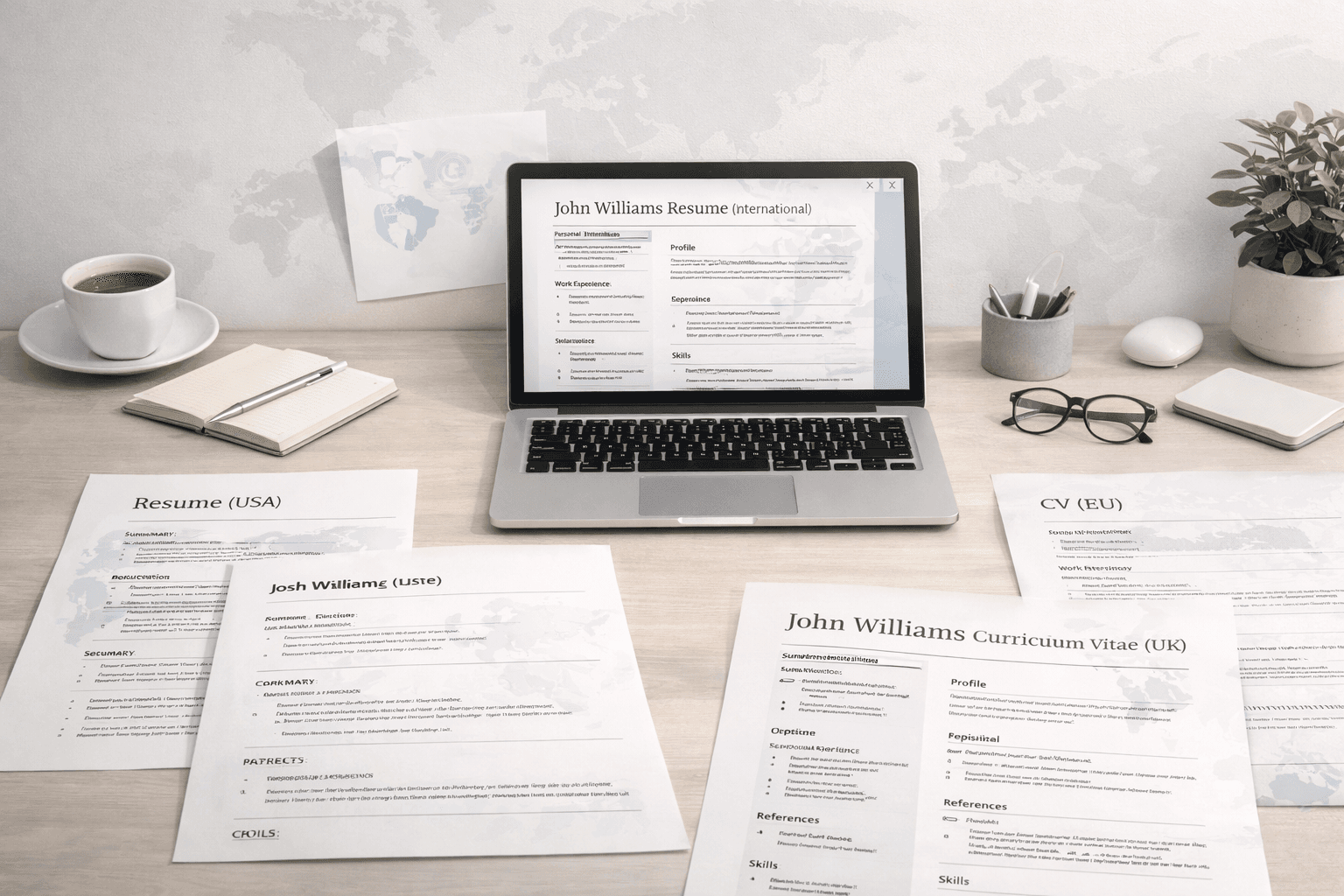 International resume and CV writing scene with multiple document versions, laptop, and subtle global cues.