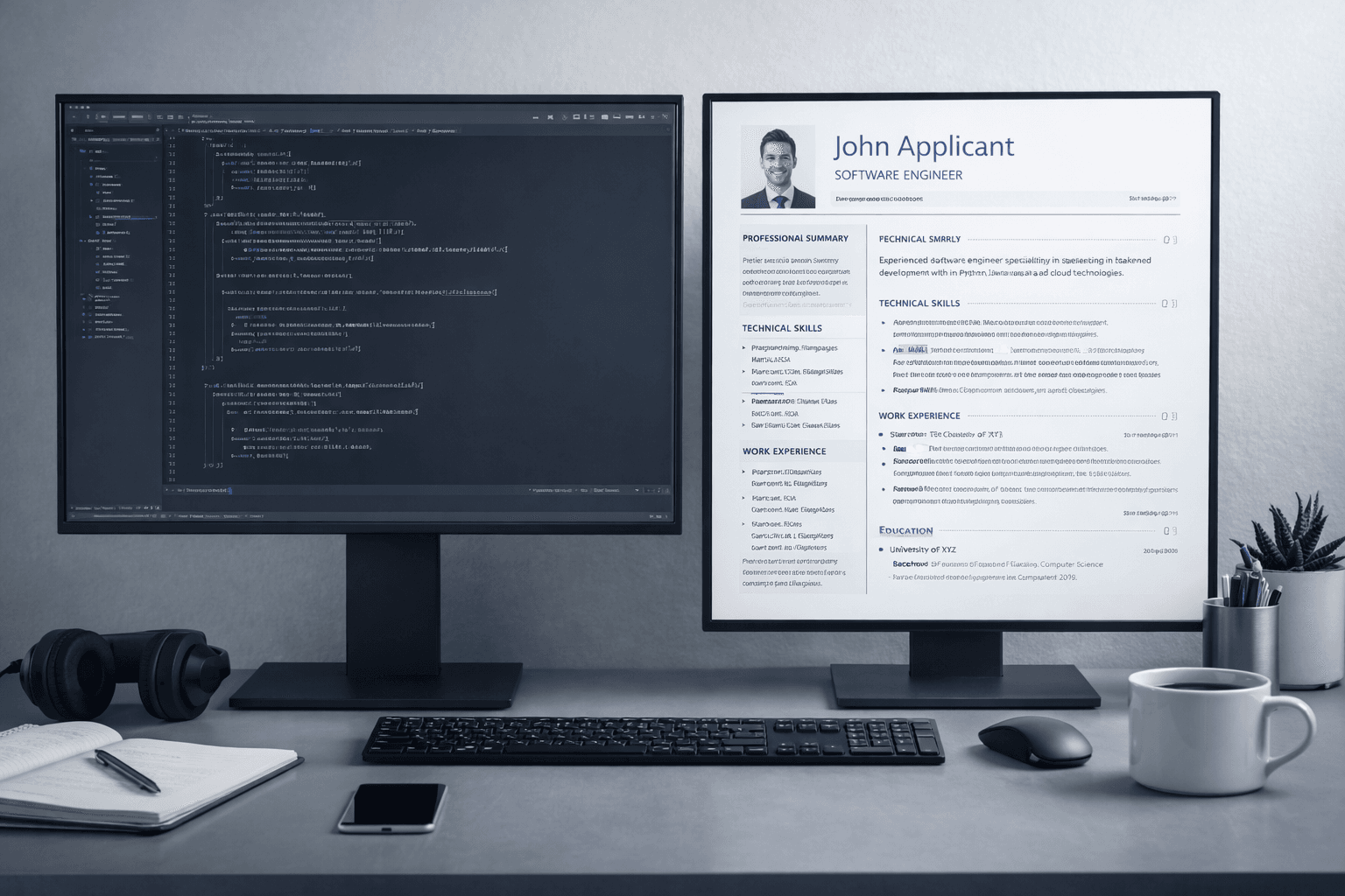Software engineer workspace with code on one screen and a polished resume on another.